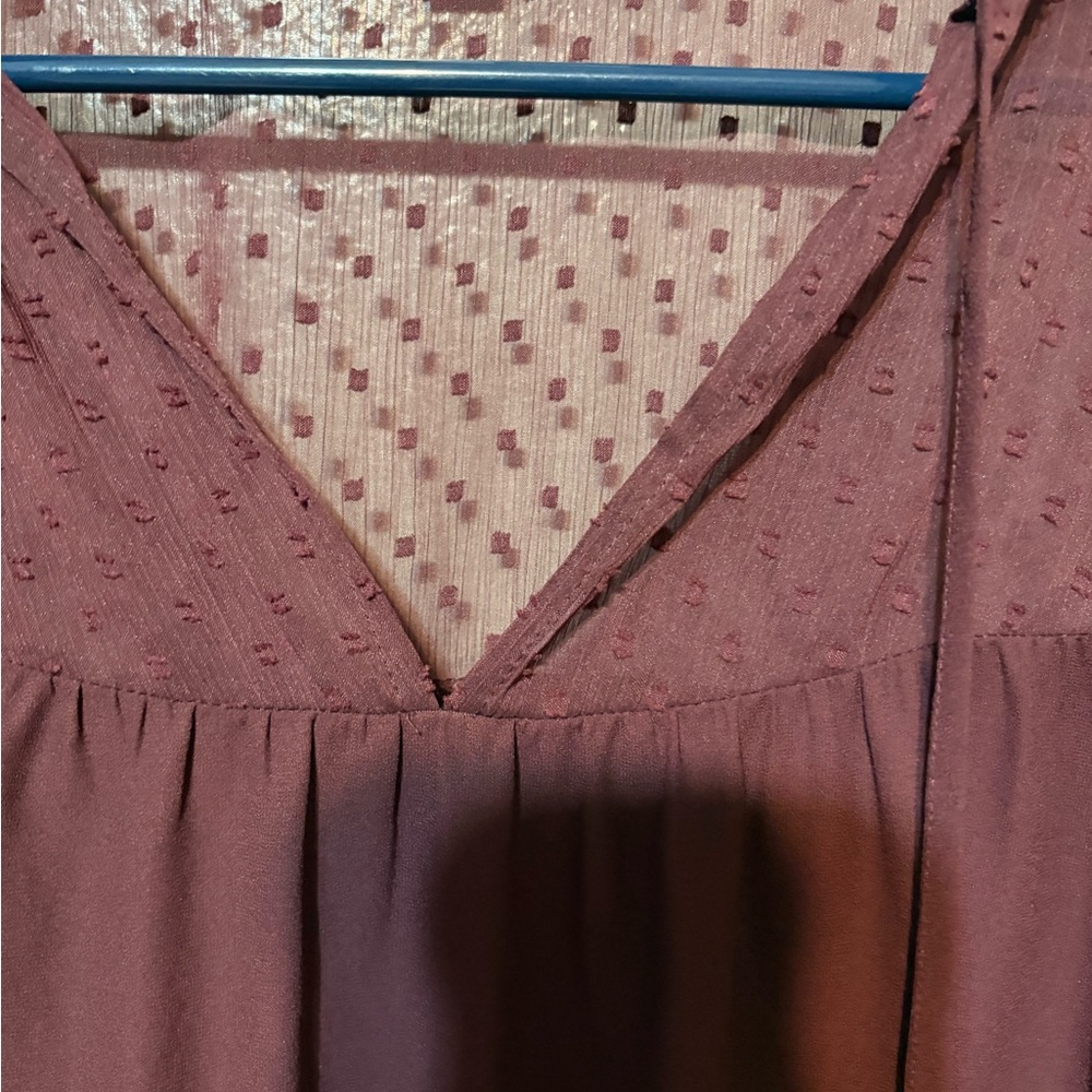 LOFT Burgundy Sheer Dotted-Yoke Long-Sleeve Peasant Top Size S - Picture 8 of 11
